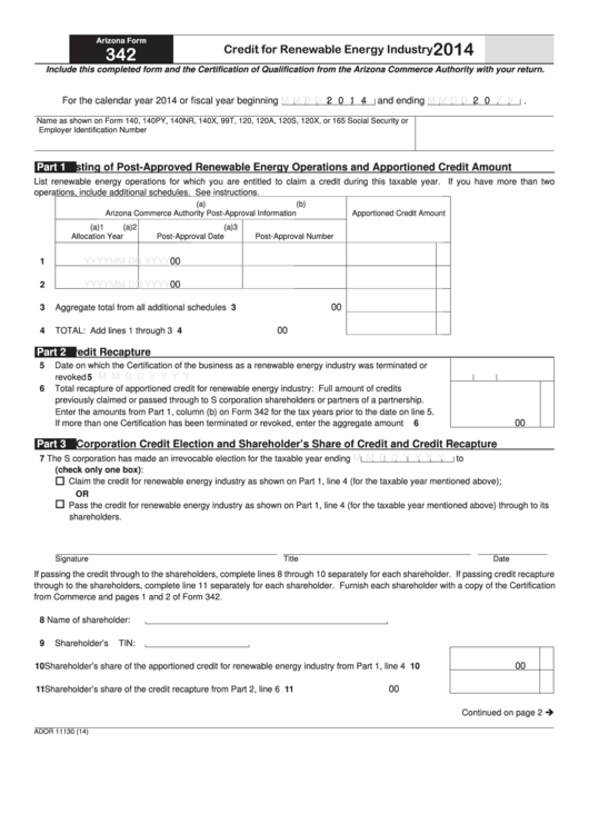 Fillable Form 342 - Arizona Credit For Renewable Energy Industry - 2014 Printable pdf