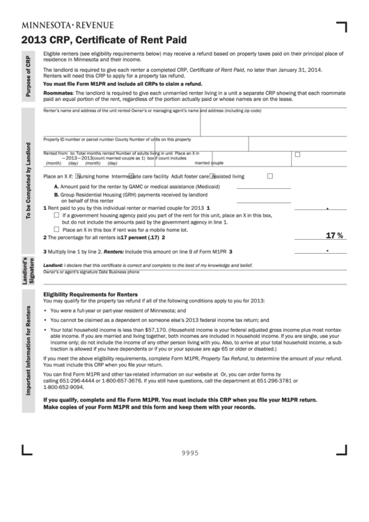Fillable Form Crp Certificate Of Rent Paid 2013 Printable Pdf Download
