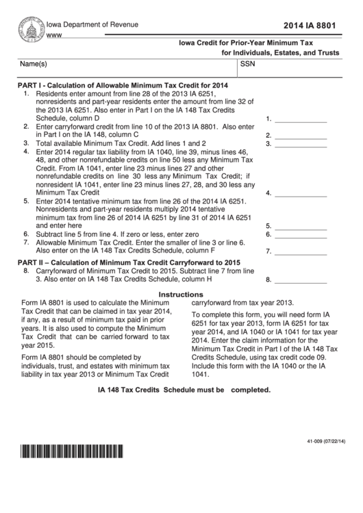 Fillable Form Ia 8801 - Iowa Credit For Prior-Year Minimum Tax For Individuals, Estates, And Trusts - 2014 Printable pdf
