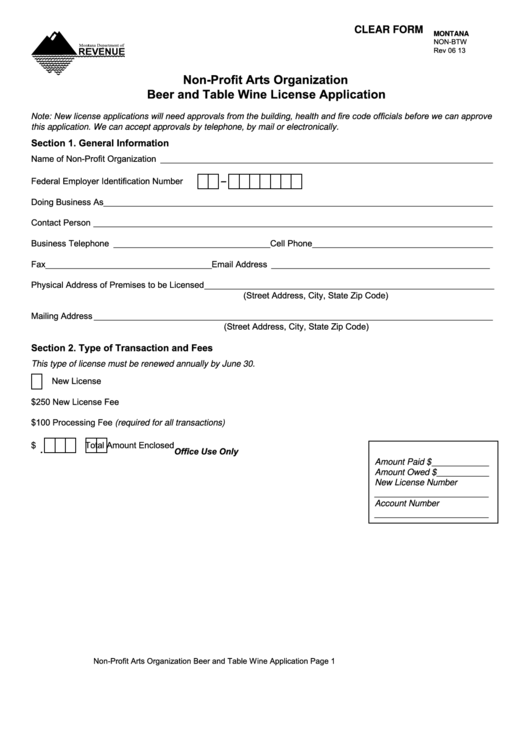 Fillable Form Non-Btw - Non-Profit Arts Organization Beer And Table Wine License Application Printable pdf