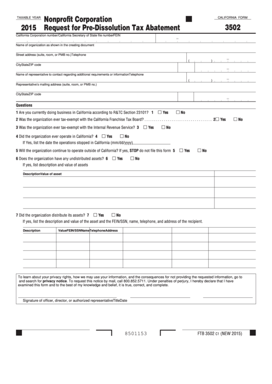 Form 3502 - California Nonprofit Corporation Request For Pre-Dissolution Tax Abatement - 2015 Printable pdf