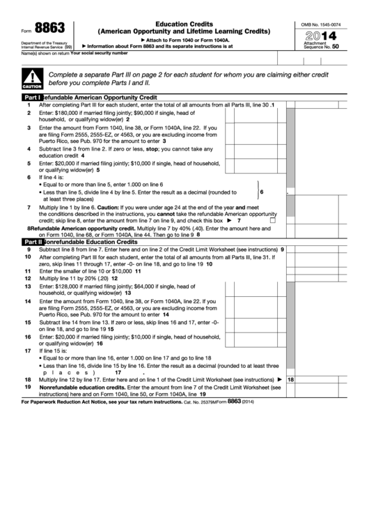 Fillable Form 8863 - Education Credits (American Opportunity And Lifetime Learning Credits) - 2014 Printable pdf