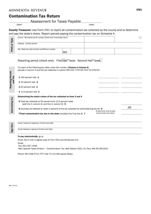 Fillable Form Cn1 - Contamination Tax Return Printable pdf