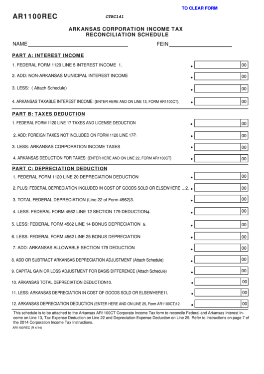 Fillable Form Ar1100rec - Arkansas Corporation Income Tax Reconciliation Schedule Printable pdf