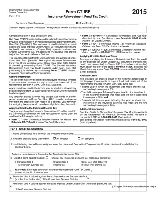 Form Ct-Irf - Insurance Reinvestment Fund Tax Credit Printable pdf