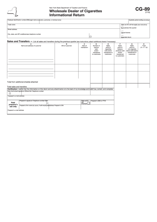 Form Cg-89 - Wholesale Dealer Of Cigarettes Informational Return Printable pdf