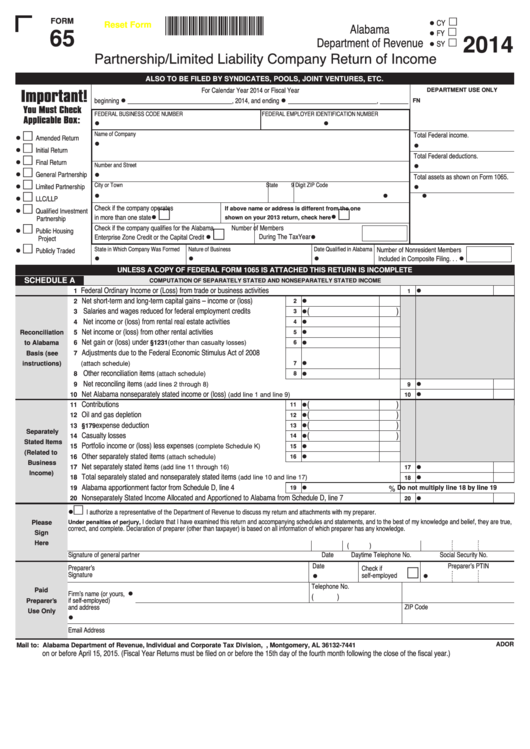 Form 65 - Partnership/limited Liability Company Return Of Income - 2014