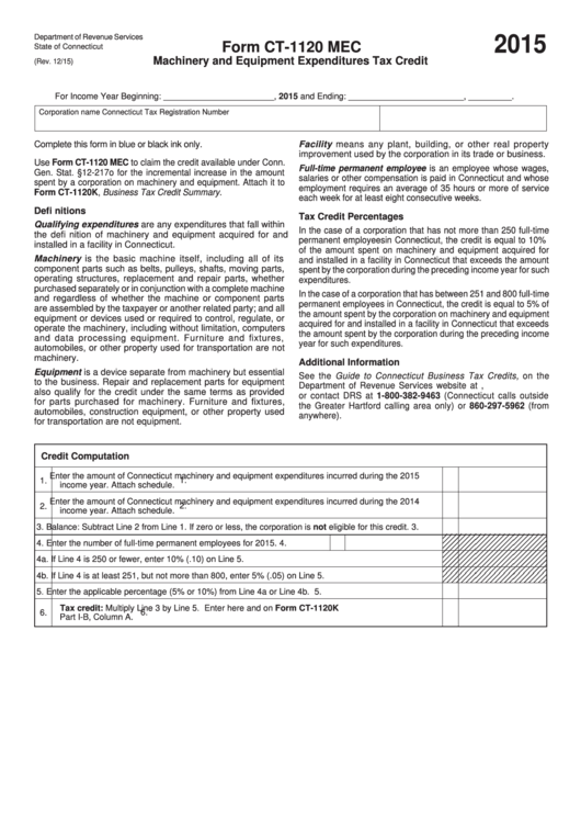 Form Ct-1120 Mec - Connecticut Machinery And Equipment Expenditures Tax Credit - 2015 Printable pdf