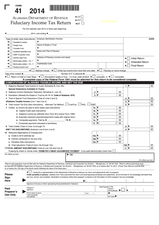 Fillable Form 41 - Fiduciary Income Tax Return - 2014 Printable pdf