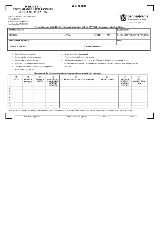 Schedule L (Form Rev-1144) - Unstampable Little Cigars Printable pdf