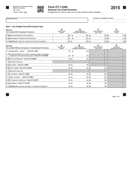Form Ct-1120k - Business Tax Credit Summary - 2015 Printable pdf
