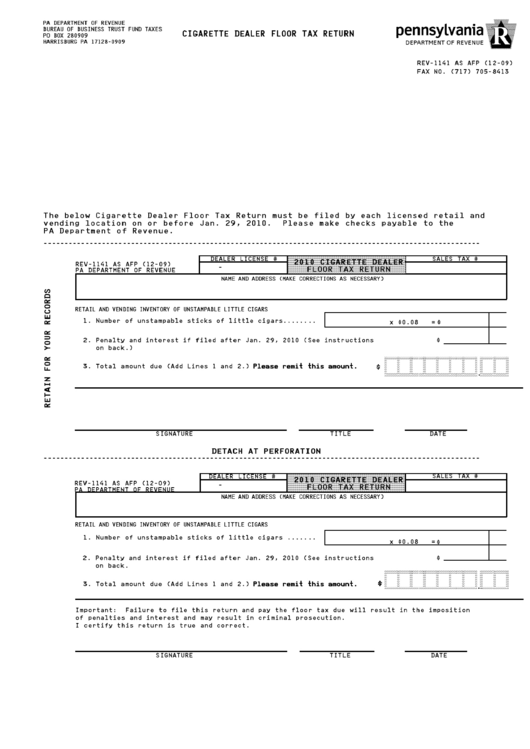 Fillable Form Rev-1141 - Cigarette Dealer Floor Tax Return Printable pdf