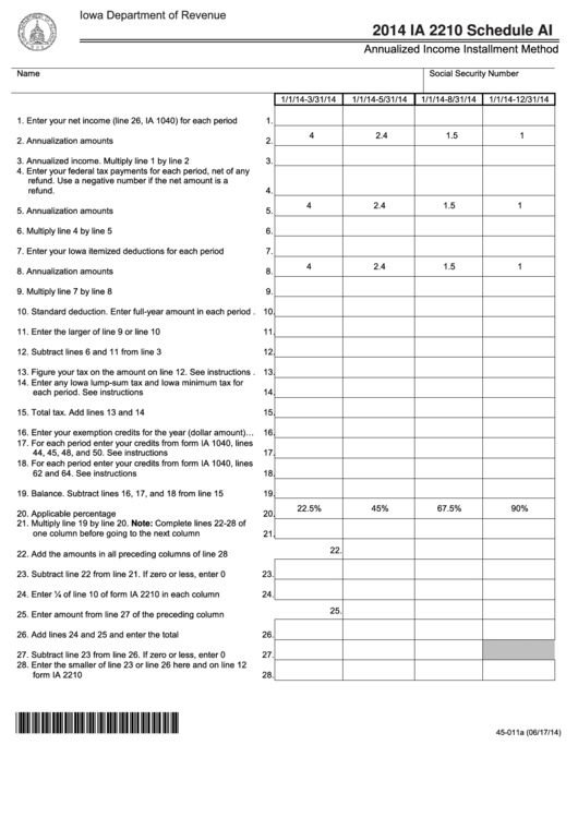 Fillable Form Ia 2210 - Schedule Ai - Annualized Income Installment Method - 2014 Printable pdf