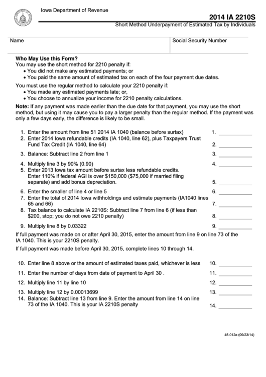 Form Ia 2210s - Short Method Underpayment Of Estimated Tax By Individuals Printable pdf