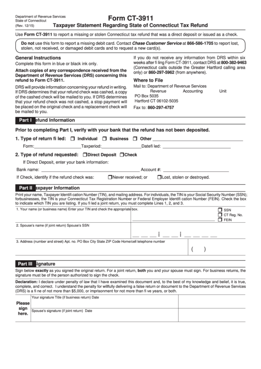 Form Ct-3911 - Taxpayer Statement Regarding State Of Connecticut Tax Refund Printable pdf