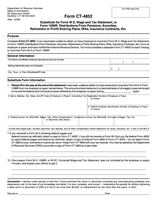 Form Ct-4852 - Substitute For Form W-2, Wage And Tax Statement, Or Form 1099r, Distributions From Pensions, Annuities, Retirement Or Profit-Sharing Plans, Iras, Insurance Contracts, Etc. Printable pdf