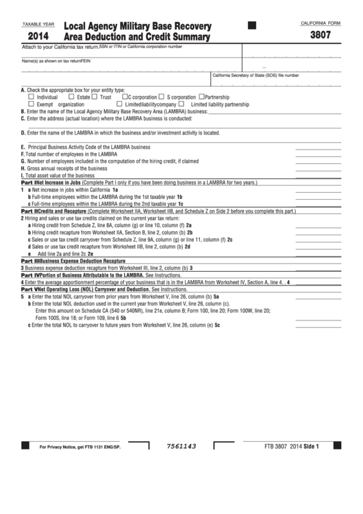 Form 3807 - California Local Agency Military Base Recovery Area Deduction And Credit Summary - 2014 Printable pdf