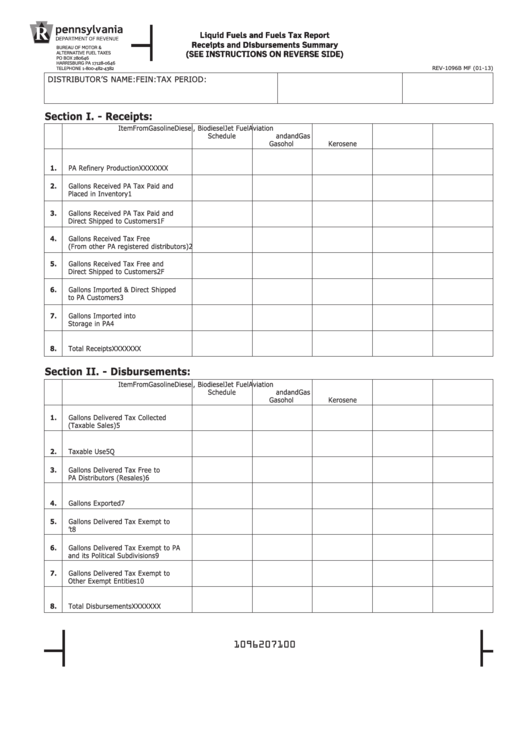 Form Rev-1096b Mf - Liquid Fuels And Fuels Tax Report Receipts And Disbursements Summary - 2013 Printable pdf