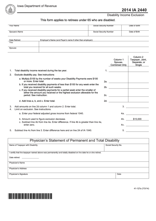 Fillable Form Ia 2440 - Disability Income Exclusion - 2014 Printable pdf