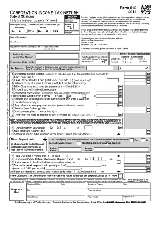 Fillable Form 512 - Oklahoma Corporation Income Tax Return - 2014 Printable pdf