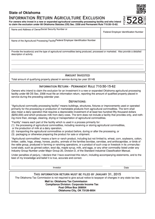 Fillable Form 528 - Oklahoma Information Return Agriculture Exclusion - 2014 Printable pdf