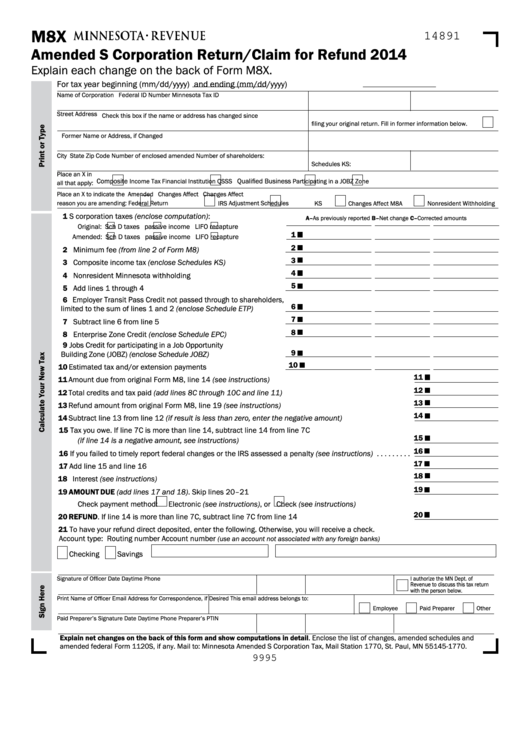 Fillable Form M8x - Minnesota Amended S Corporation Return/claim For Refund - 2014 Printable pdf