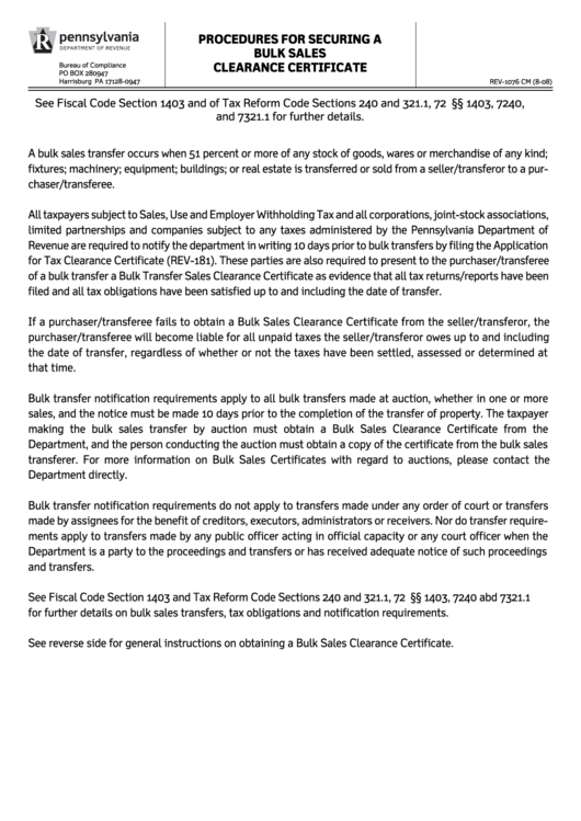 Form Rev1076 Procedures For Securing A Bulk Sales Clearance Certificate printable pdf download
