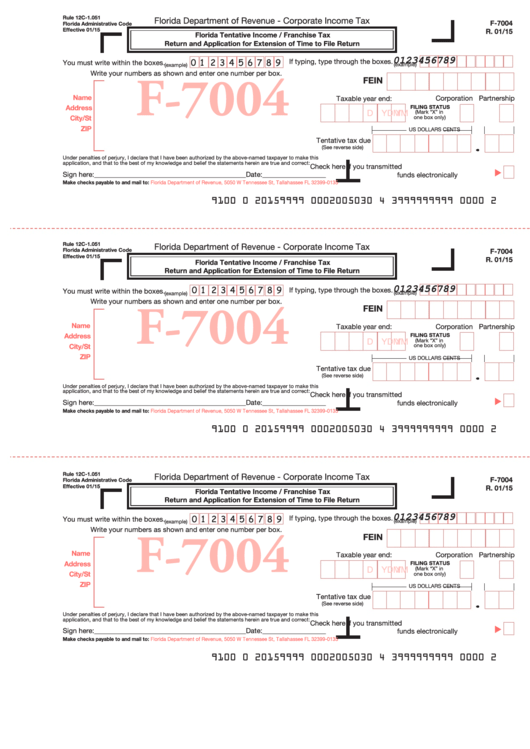 Fillable Form F-7004 - Florida Tentative Income / Franchise Tax Return And Application For Extension Of Time To File Return Printable pdf