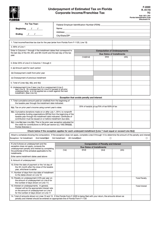Form F-2220 - Underpayment Of Estimated Tax On Florida Corporate Income/franchise Tax Printable pdf