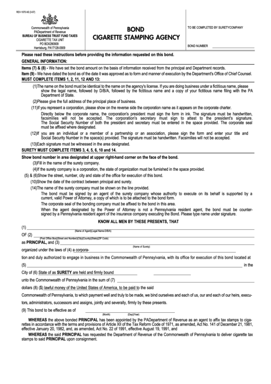Form Rev-1075 - Bond Cigarette Stamping Agency Printable pdf