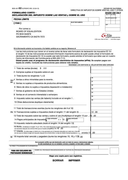 Fillable Form Boe-401-Ez-S - Formulario Corto - Declaracion Del Impuesto Sobre Las Ventas Y Sobre El Uso Printable pdf
