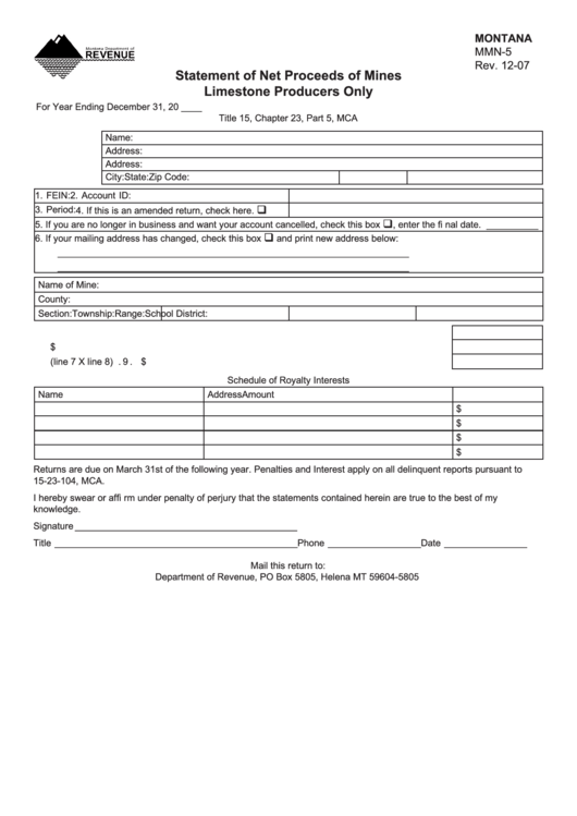 Fillable Form Mmn-5 - Statement Of Net Proceeds Of Mines Limestone Producers Only Printable pdf