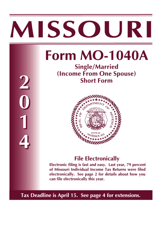 Form Mo-1040a - Single/married (Income From One Spouse) Short Form - 2014 Printable pdf