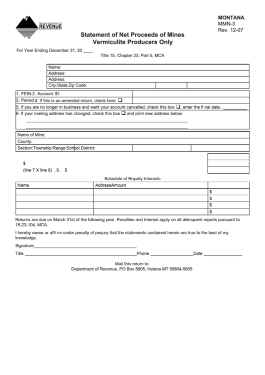 Fillable Form Mmn-3 - Statement Of Net Proceeds Of Mines Vermiculite Producers Only Printable pdf