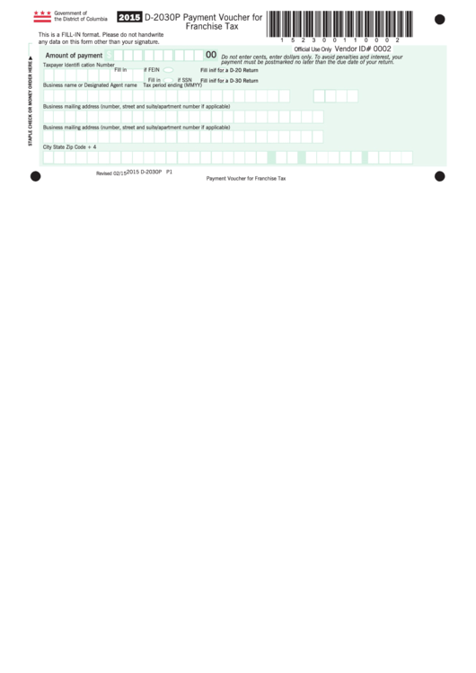Fillable Form D-2030p - Payment Voucher For Franchise Tax - 2015 Printable pdf