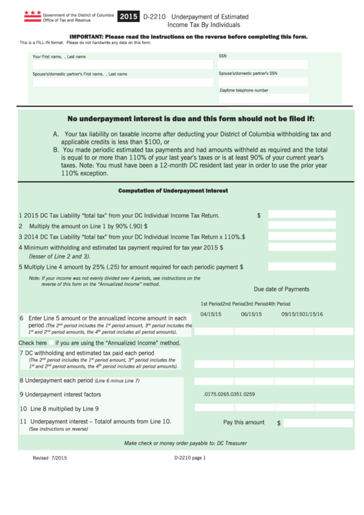 Fillable Form D-2210 - Underpayment Of Estimated Income Tax By Individuals - 2015 Printable pdf