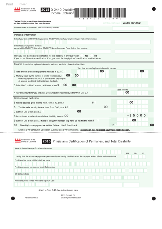 Fillable Form D-2440 - Disability Income Exclusion - 2015 Printable pdf