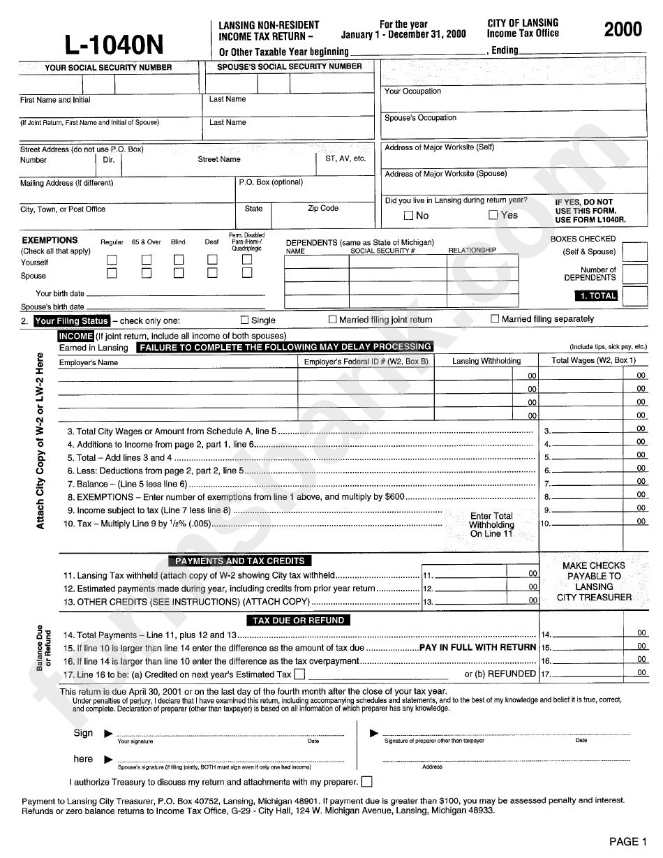 Form L-1040n - Lansing Non-Resident Income Tax Return - 2000