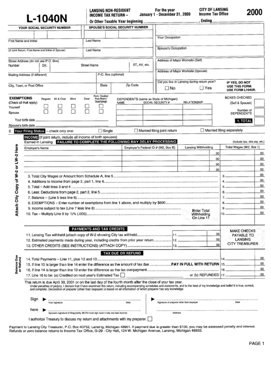 Form L-1040n - Lansing Non-Resident Income Tax Return - 2000 Printable pdf