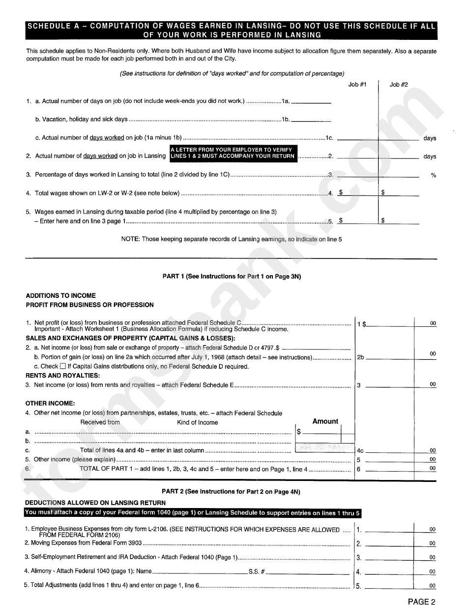 Form L-1040n - Lansing Non-Resident Income Tax Return - 2000