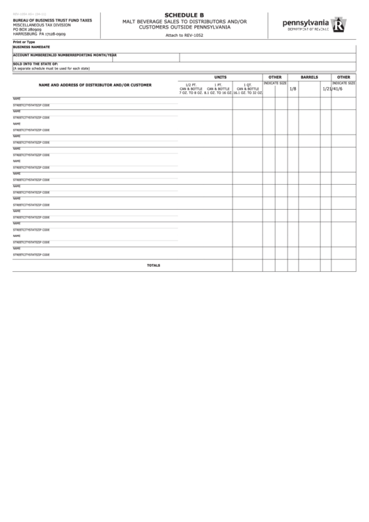 Fillable Schedule B (Form Rev-1054) - Malt Beverage Sales To Distributors And/or Customers Outside Pennsylvania Printable pdf