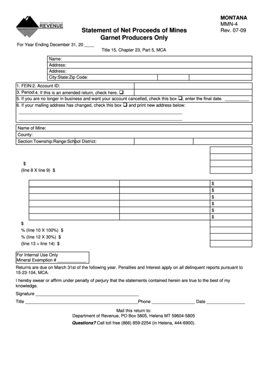 Fillable Form Mmn-4 - Statement Of Net Proceeds Of Mines Garnet Producers Only Printable pdf