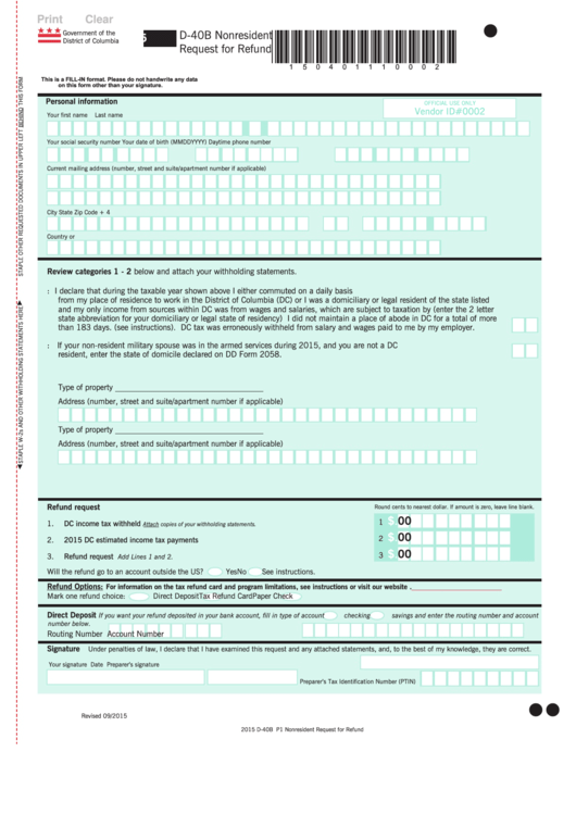 Fillable Form D-40b - Nonresident Request For Refund - 2015 Printable pdf