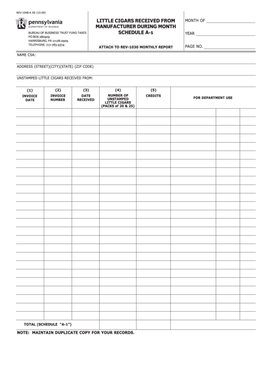 Fillable Schedule A-1 (Form Rev-1048-A) - Little Cigars Received From Manufacturer During Month Printable pdf