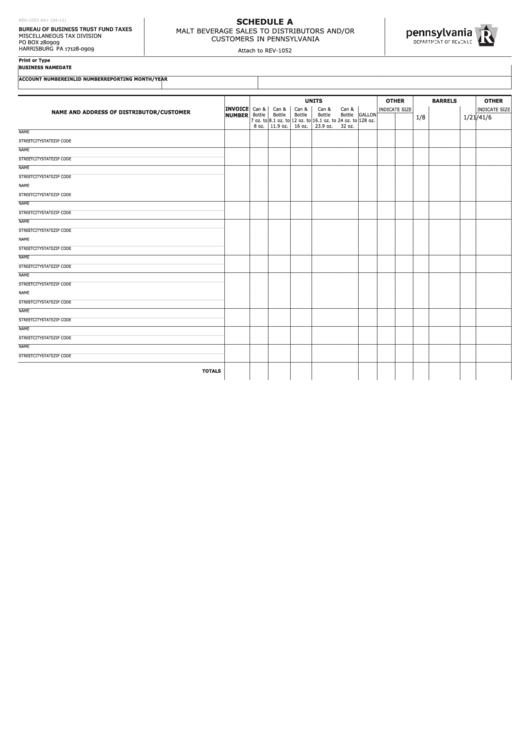 Fillable Schedule A (Form Rev-1053) - Malt Beverage Sales To Distributors And/or Customers In Pennsylvania Printable pdf