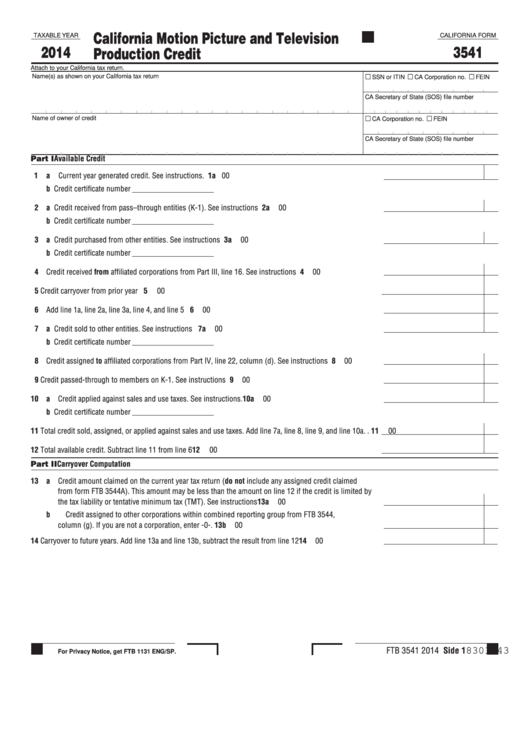 Form 3541 - California Motion Picture And Television Production Credit - 2014 Printable pdf