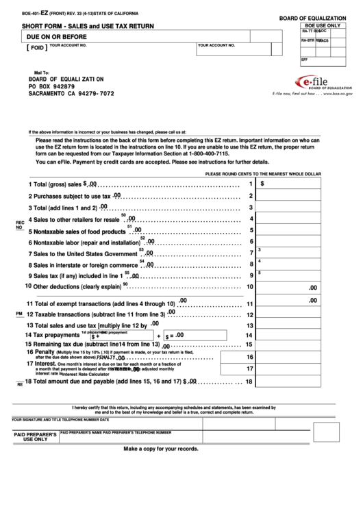 Form Boe-401-Ez - Short Form - Sales And Use Tax Return Printable pdf