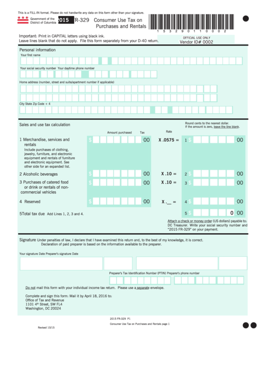 Fillable Form Fr-329 - Consumer Use Tax On Purchases And Rentals - 2015 Printable pdf