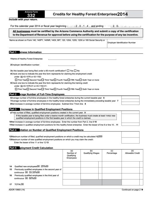 Fillable Form 332 - Arizona Credits For Healthy Forest Enterprises - 2014 Printable pdf