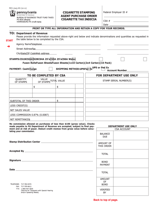 Fillable Form Rev-1043 - Cigarette Stamping Agent Purchase Order Cigarette Tax Indicia Printable pdf